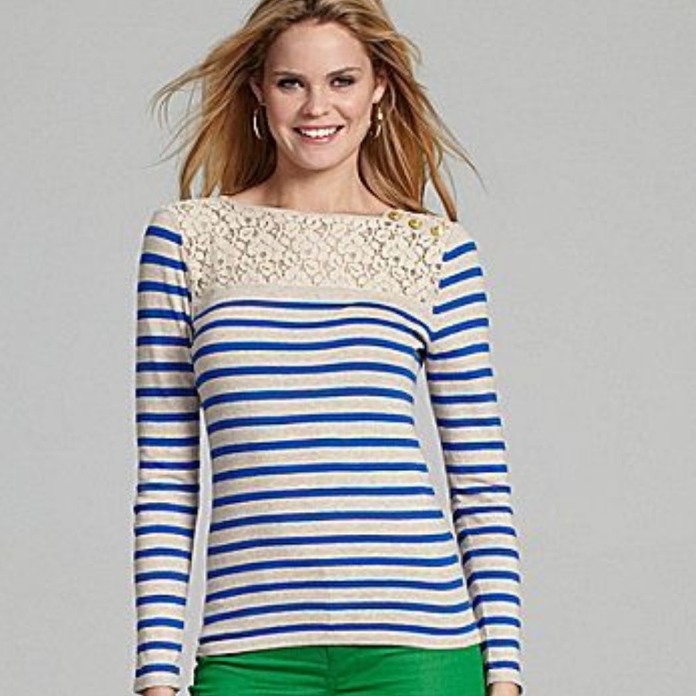 Cremieux Stripe Lace Yoke Sweater Sz S